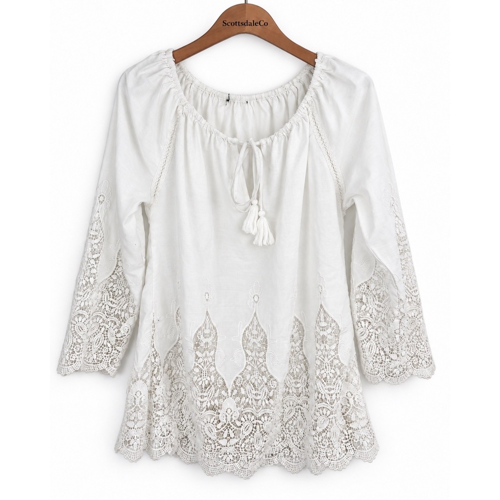 Peasant Blouse Womens XL Ivory White Boho Lace Tassel Bell Sleeve Crochet Tunic